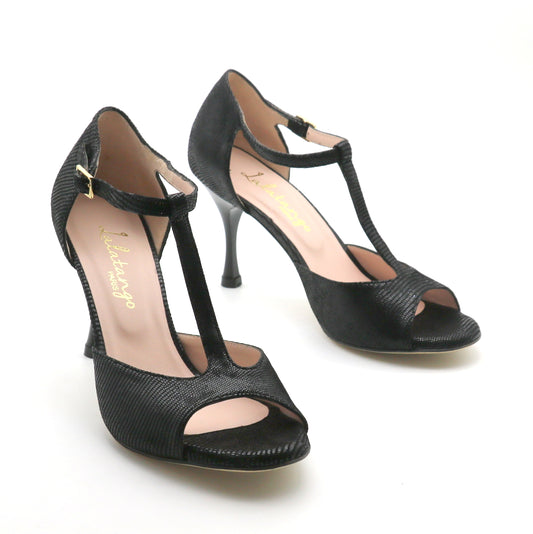 Chico Noir façon serpent talons laqué 8cm