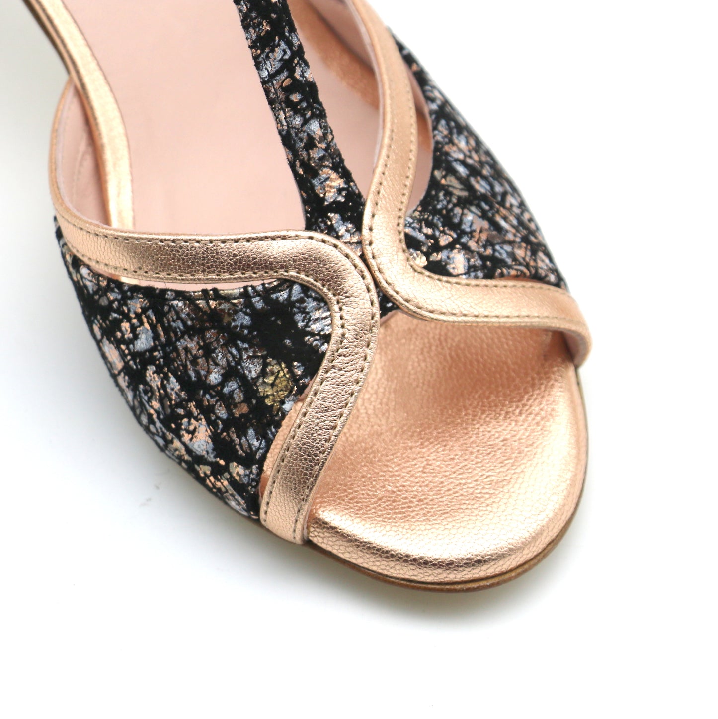 Coco daim noir imprimé contraste bronze talons 7cm