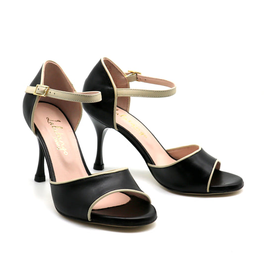 Flor Cuir Noir Liseré Beige talons 8cm
