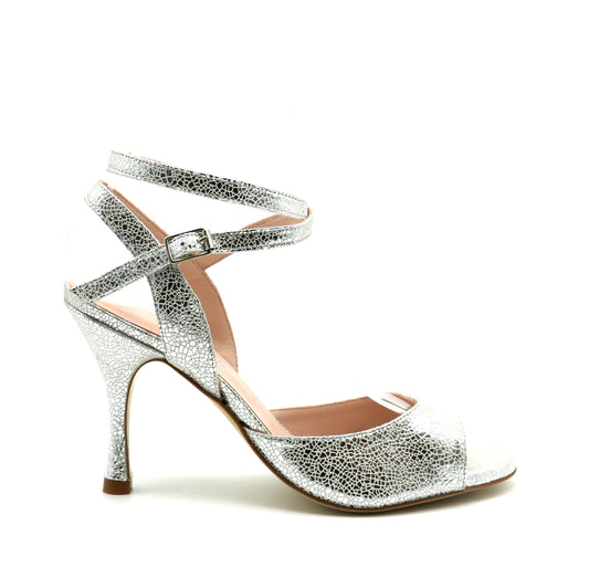 Sentimental argenté brillant façon verre brisé talons 8cm