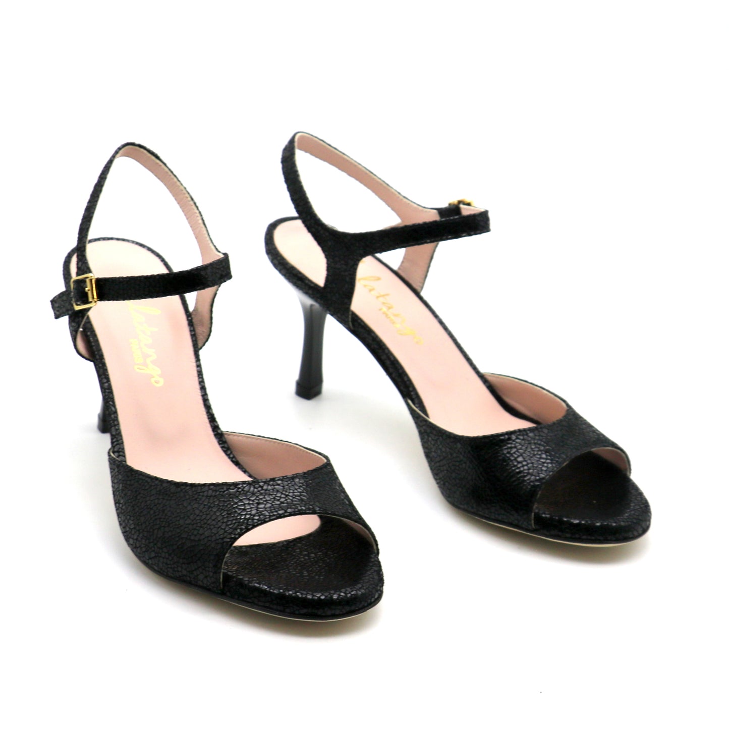 Uno cuir noir façon verre brisé talons laqués 7cm