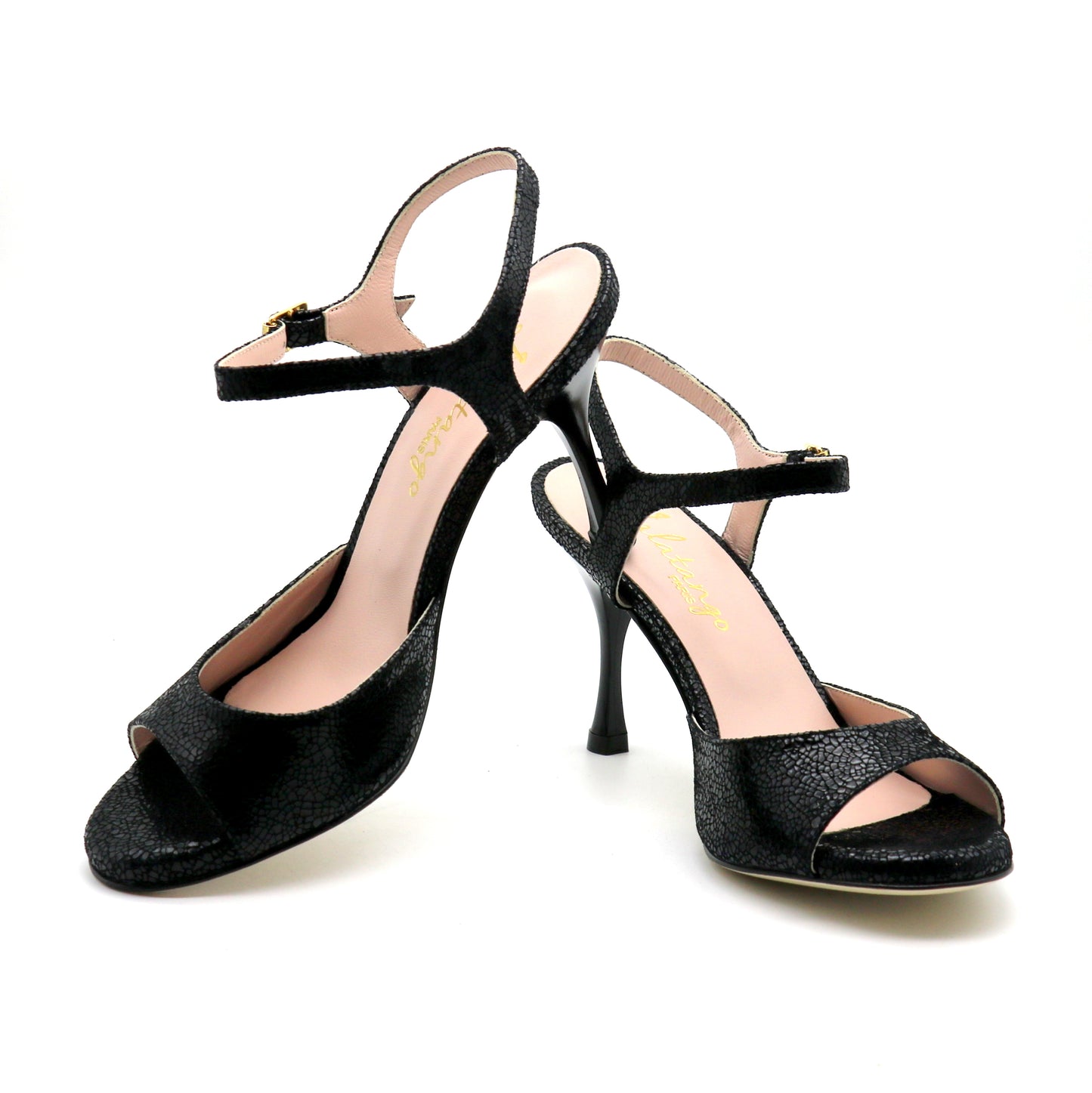 Uno cuir noir façon verre brisé talons laqués 8cm