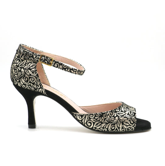 Clasico Velours noir impressions volutes dorées talons 7cm