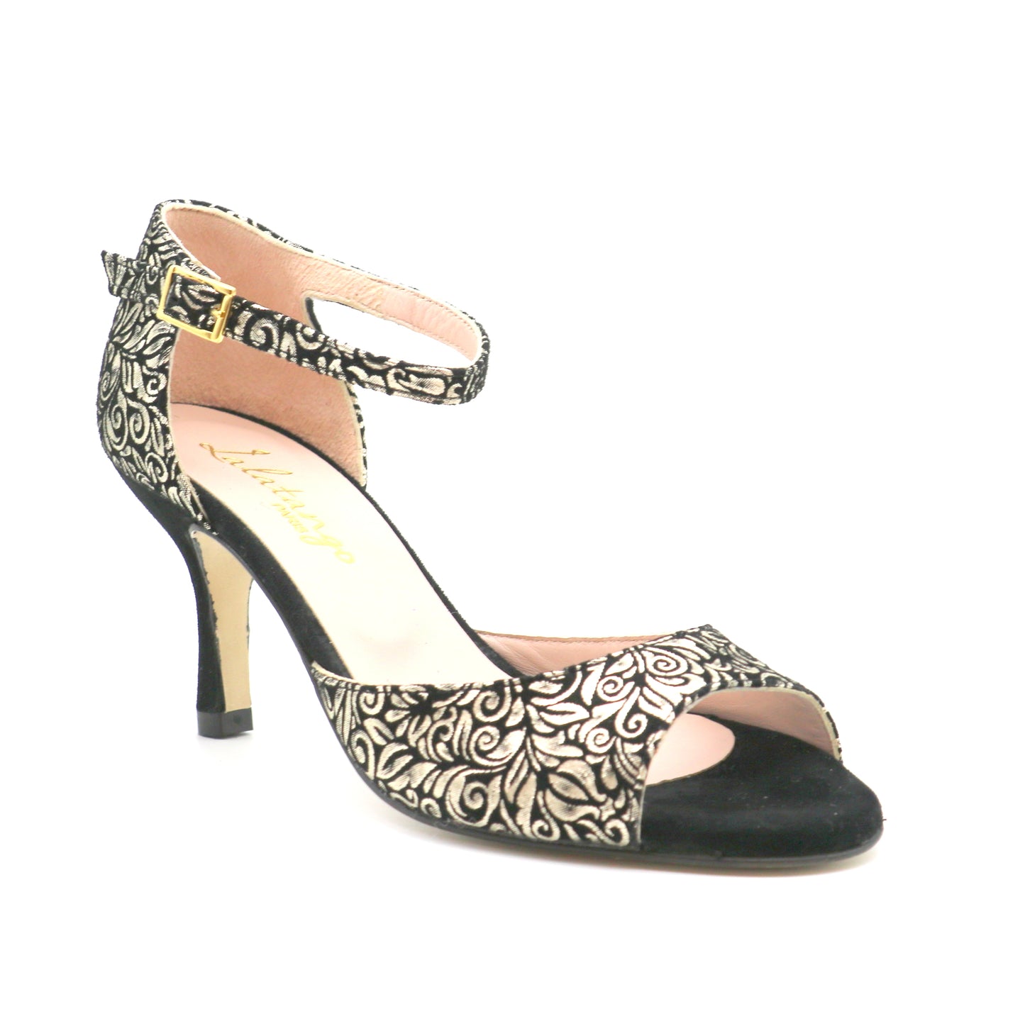 Clasico Velours noir impressions volutes dorées talons 7cm