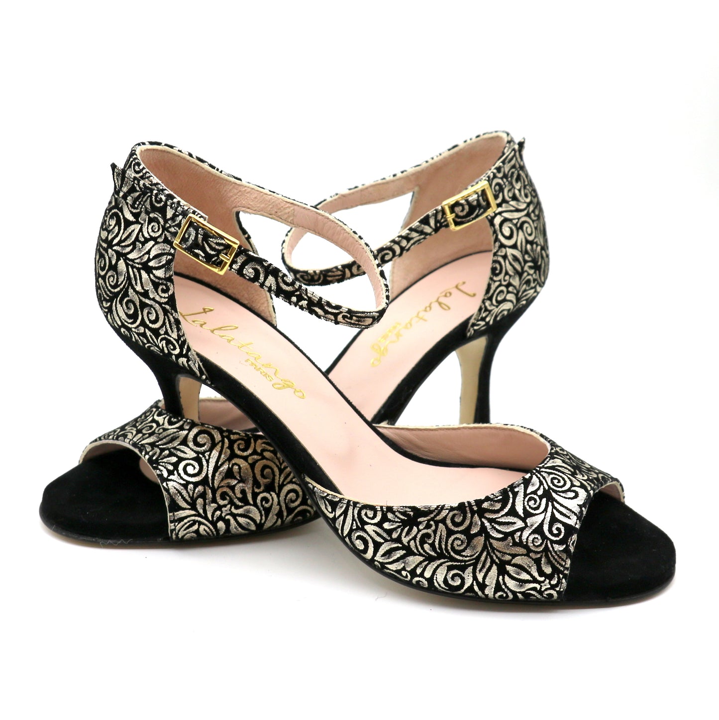 Clasico Velours noir impressions volutes dorées talons 7cm