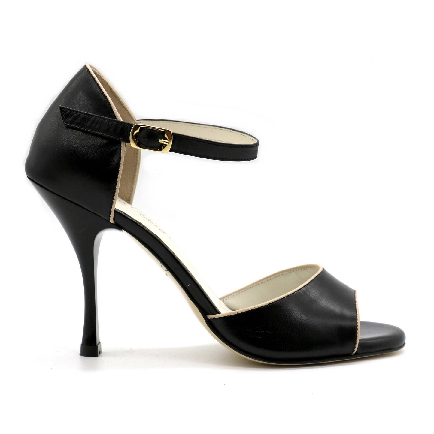 Flor Black Leather Beige Trim 9cm heels