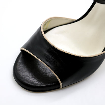 Flor Black Leather Beige Trim 9cm heels
