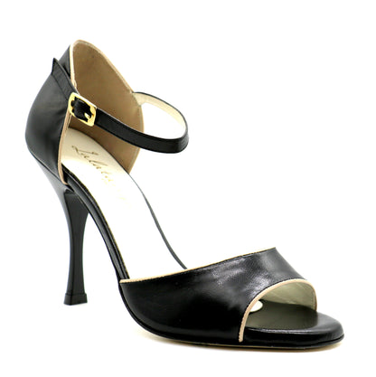 Flor Black Leather Beige Trim 9cm heels