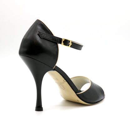 Flor Black Leather Beige Trim 9cm heels