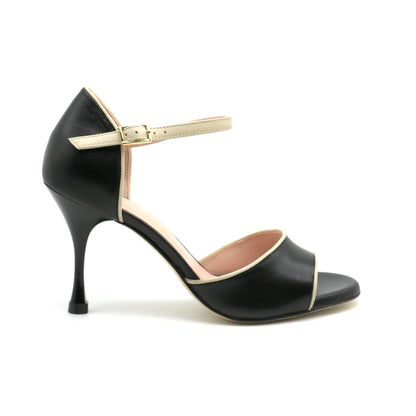 Flor Black Leather Beige Trim heels 8cm