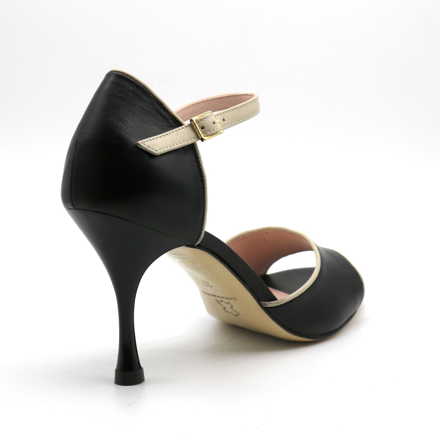 Flor Black Leather Beige Trim heels 8cm