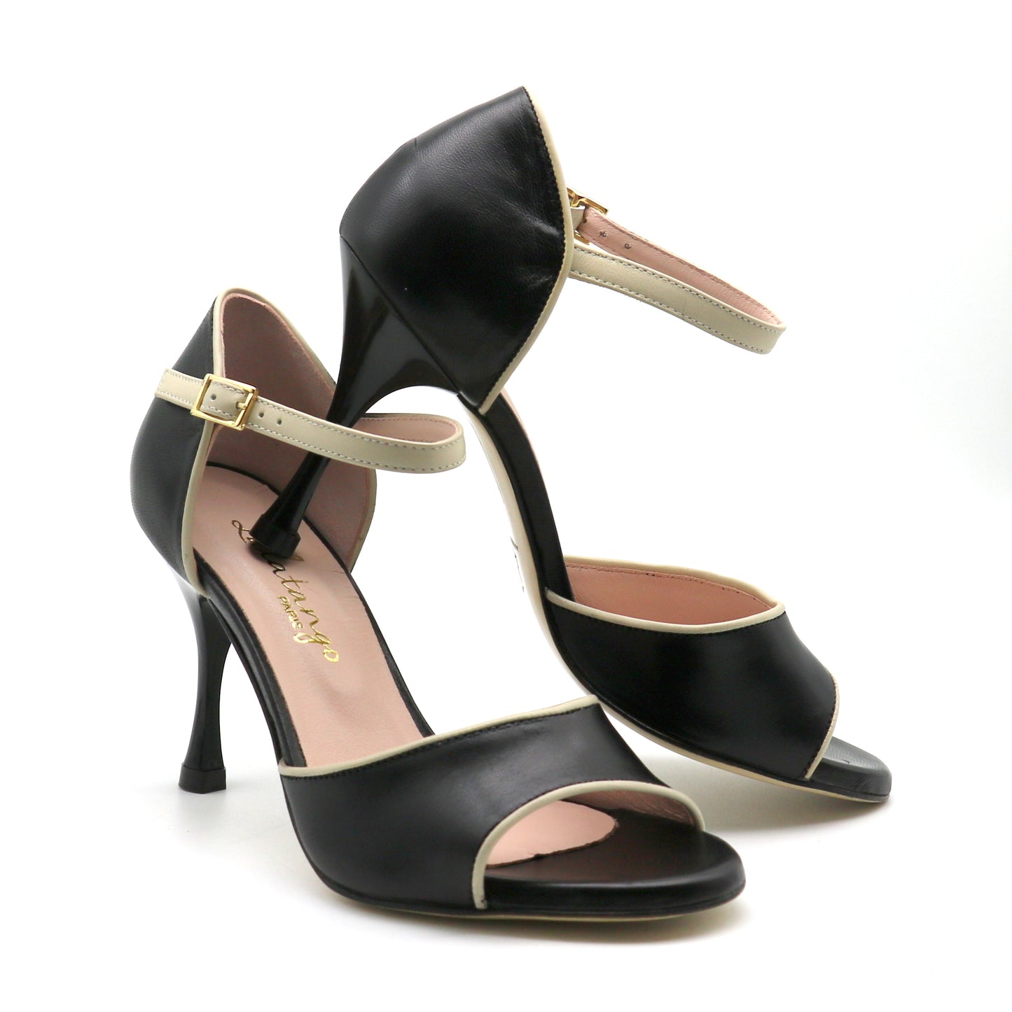 Flor Black Leather Beige Trim heels 8cm