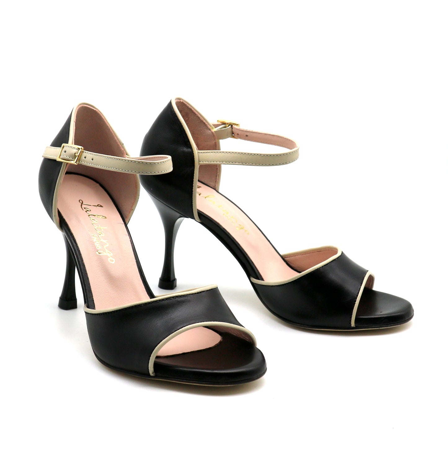 Flor Black Leather Beige Trim heels 8cm