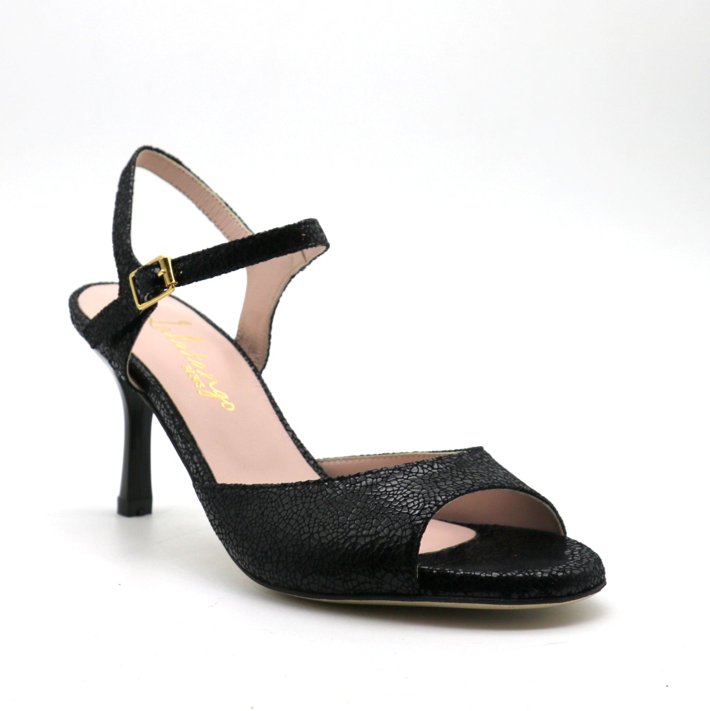 Uno cuir noir façon verre brisé talons laqués 7cm