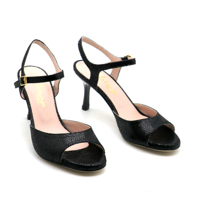 Uno cuir noir façon verre brisé talons laqués 7cm