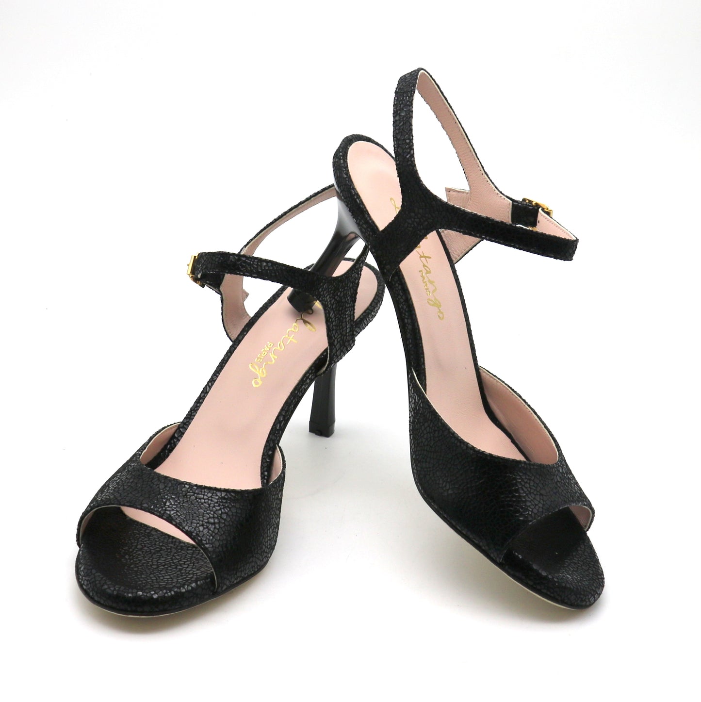 Uno cuir noir façon verre brisé talons laqués 7cm