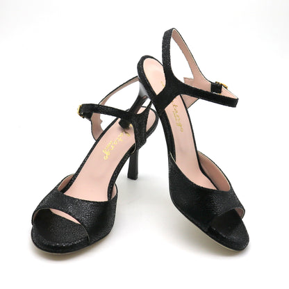 Uno cuir noir façon verre brisé talons laqués 7cm