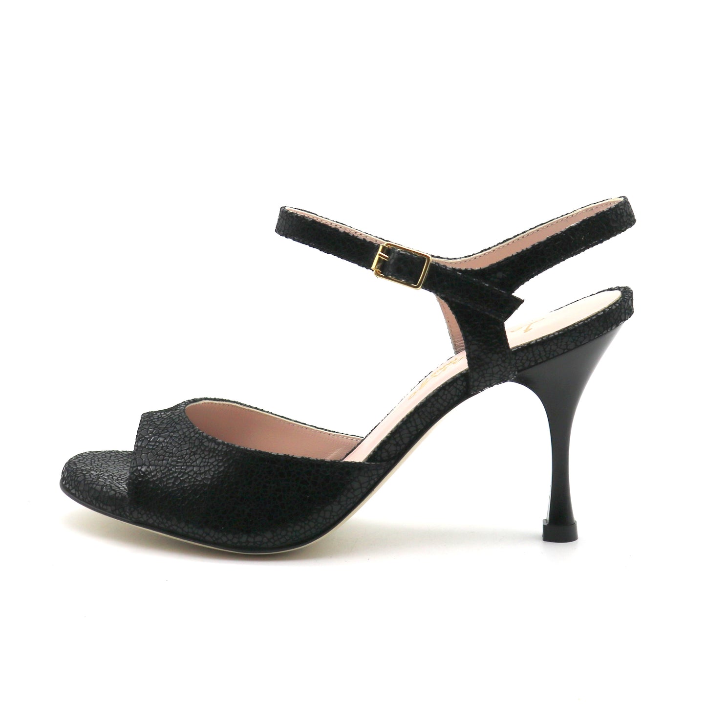 Uno cuir noir façon verre brisé talons laqués 8cm