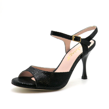 Uno cuir noir façon verre brisé talons laqués 8cm