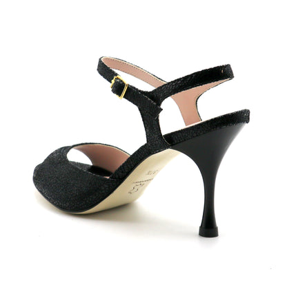 Uno cuir noir façon verre brisé talons laqués 8cm