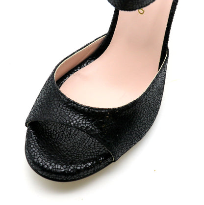 Uno cuir noir façon verre brisé talons laqués 8cm