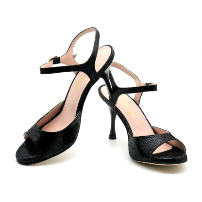 Uno cuir noir façon verre brisé talons laqués 8cm