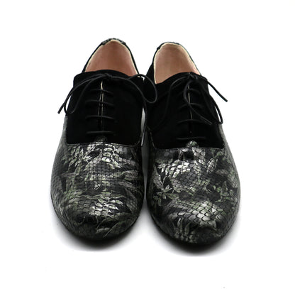 Tamango cuir noir imprimé feuillage et daim noir semelle danse * édition limitée *