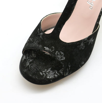 Sencillo daim noir imprimé floral blanc talons 6cm