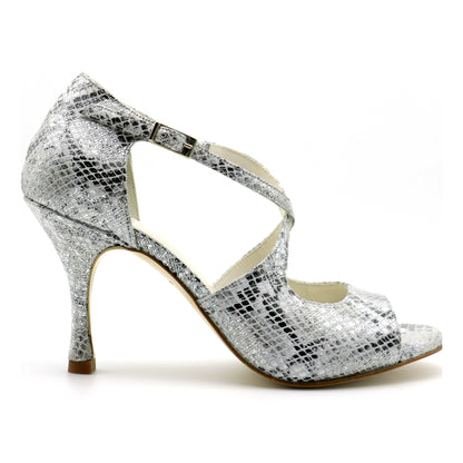 Crossed silver python heels 8cm
