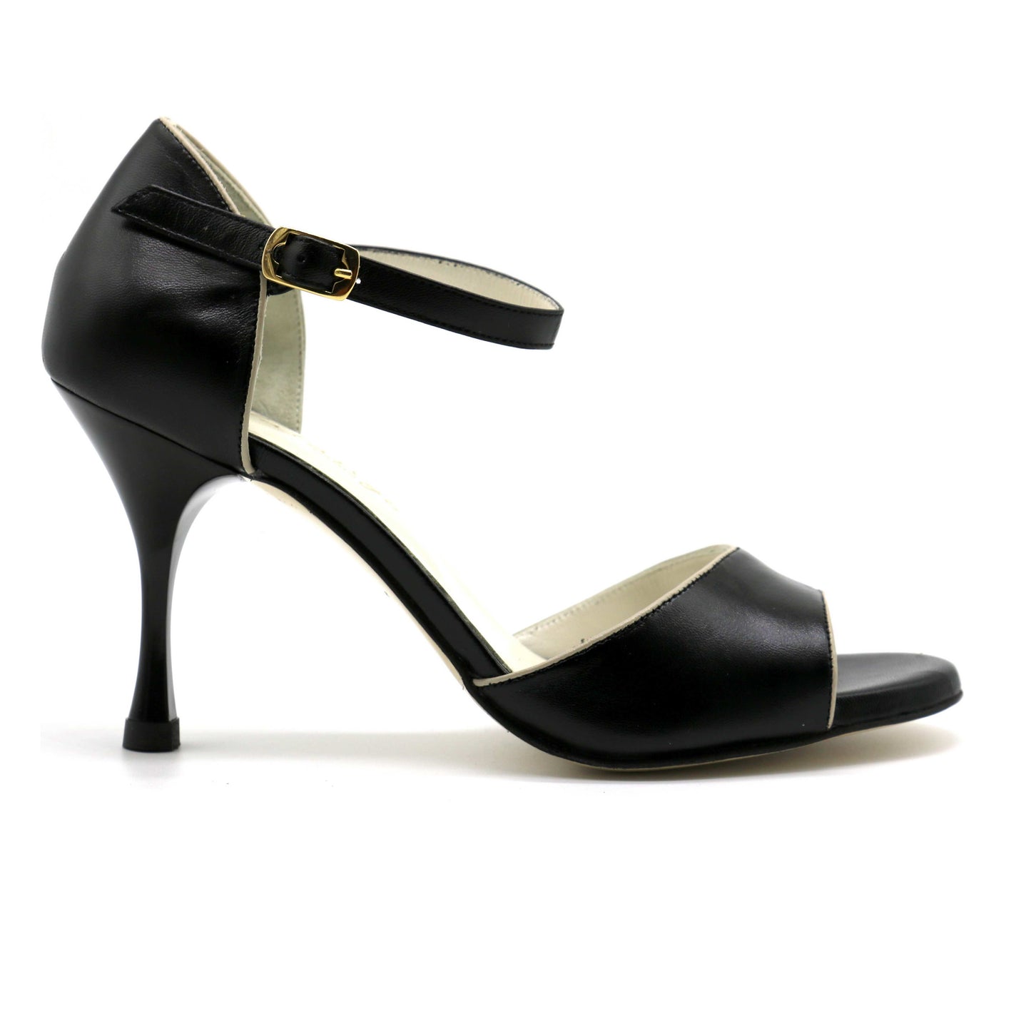 Flor Black Leather Beige Trim heels 8cm