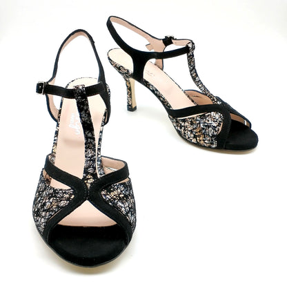 Salomé black suede printed heels 7cm