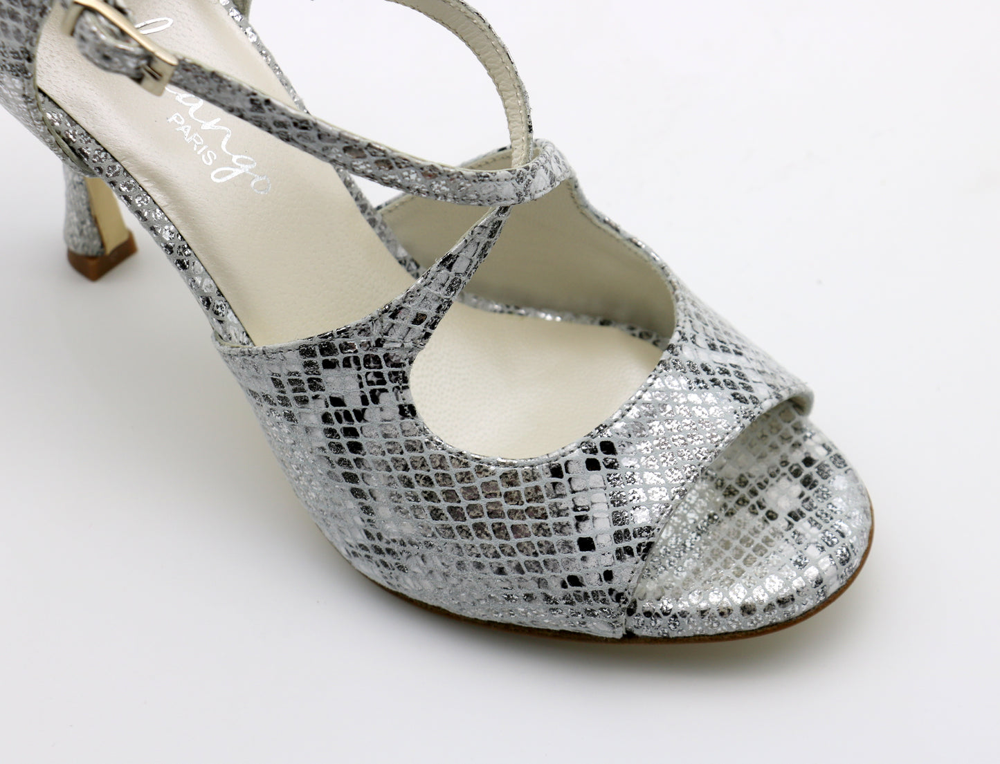 Crossed silver python heels 8cm