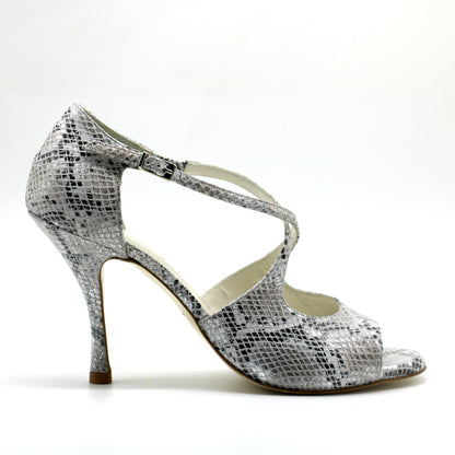 Crossed silver python heels 9cm