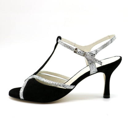 Black salome contrast silver python 7cm heels