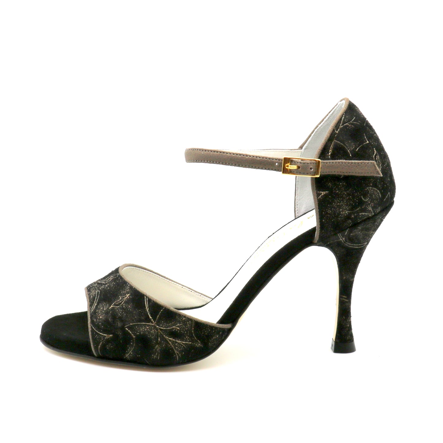Flor Black Leather embossed bronze print bronze edging 8cm heels