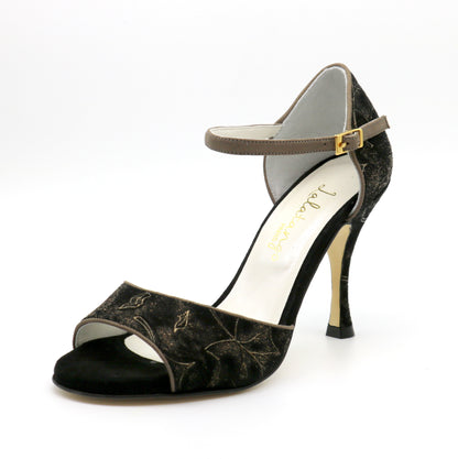 Flor Black Leather embossed bronze print bronze edging 8cm heels