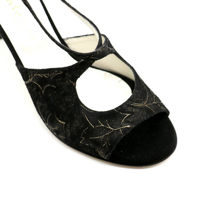 Black crisscross print bronze leaves heels 7cm