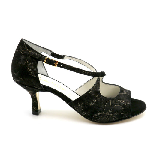 Black crisscross print bronze leaves heels 6cm